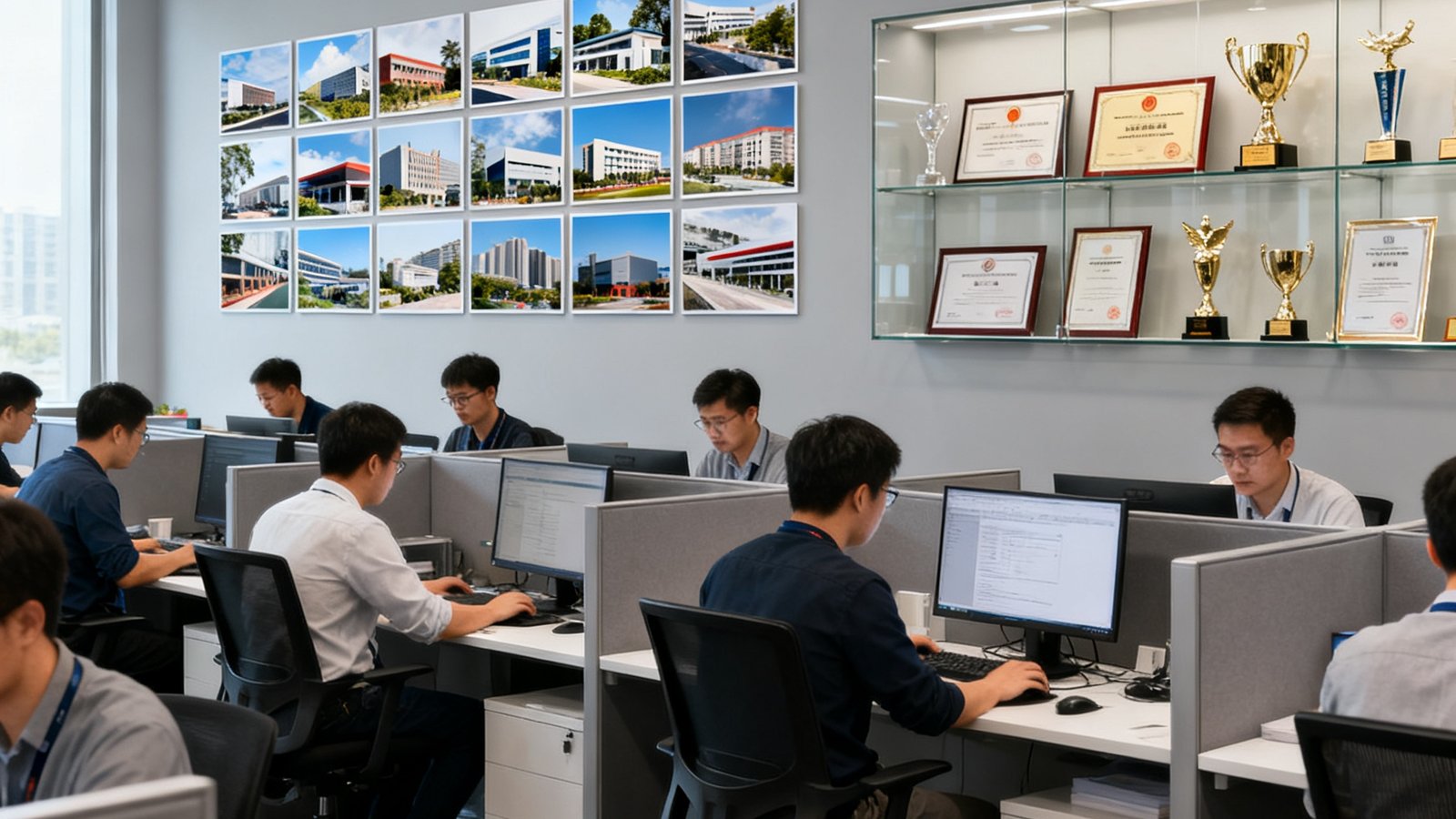 EVO视讯平台北京总部开放式办公区，数十位工程师在工位上专注工作，背景墙上挂着已交付项目的实景照片拼贴，展示柜中陈列着行业资质证书和奖杯。