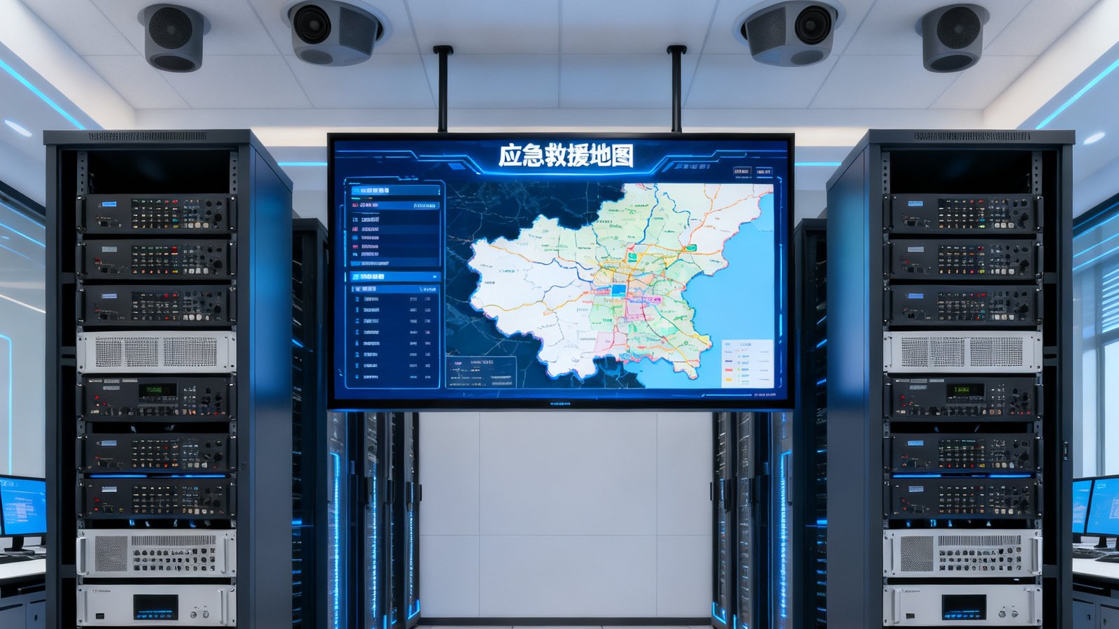 应急指挥中心内部全景，中央悬挂式LED大屏显示应急救援地图，两侧机柜内整齐排列着音频矩阵处理器和功放设备，顶部吸顶扬声器均匀分布。